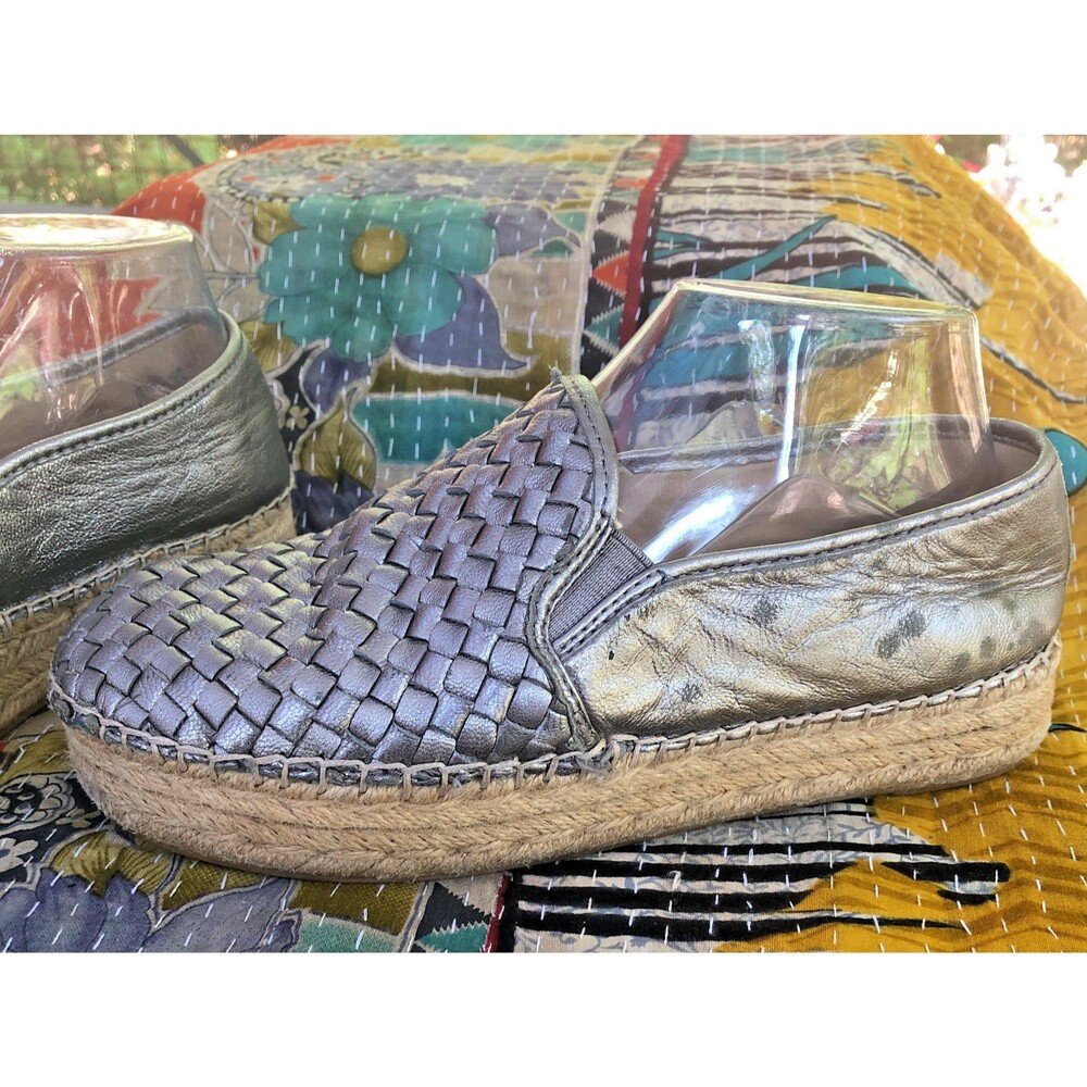 SAM EDELMAN CATHERINE Metallic Gray Woven Leather Espadrille Loafers 7.5 - Picture 5 of 14